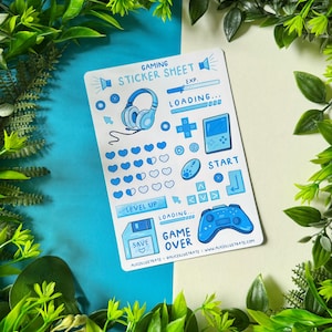 Gaming Sticker Bogen - Game Tracker Kawaii Gamer Aufkleber - Gemütliches Gaming Retro Spiele Aufkleber Scrapbook Bullet Journal Tagebuch - BLAU