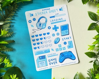 Gaming Sticker Sheet - Game Tracker Kawaii Gamer Stickers - Cozy Gaming Retro Games Sticker Scrapbook Bullet Journal Diary - BLUE