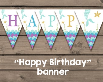 Mermaid Party Printable Banner Water Color Mermaid Birthday