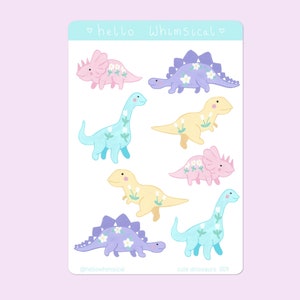 Cute Floral Dinosaurs Sticker Sheet. Kawaii dino animal pastel stickers sweet for bujo diary etc