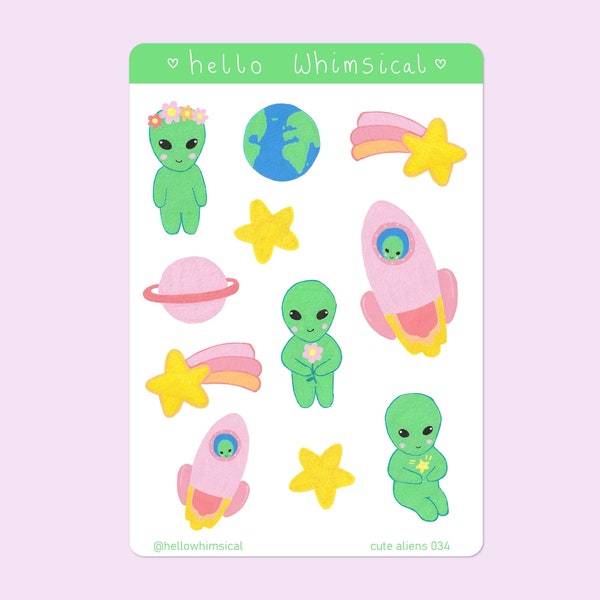 Cute Kawaii Space Aliens Sticker Sheet Pastel Aesthetic