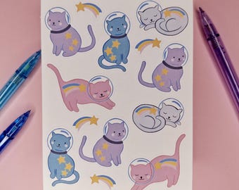 Space Cats Sticker Bogen - Kawaii Katze Astronaut Sticker