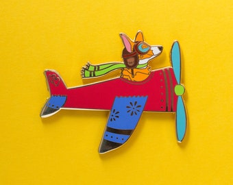 Airplane Pilot Corgi Dog in Red Enamel Pin with Rubber Clasp // Hard Enamel, Cloisonne, Accessories, Flair
