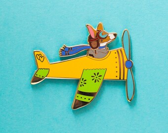 Airplane Pilot Corgi Dog Merle in Yellow Enamel Pin with Rubber Clasp // Hard Enamel, Cloisonne, Accessories, Flair