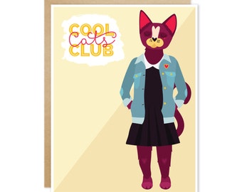 Tarjeta de felicitación en blanco hecha a mano – Club de Cool Cat (mujer)