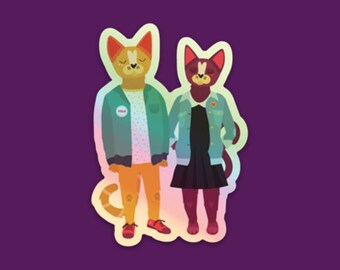 Hipster Cats, Cool Cats Holographic Sticker // Holo Sticker, Vinyl Sticker, All Weather Sticker