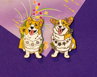 Blooming Corgis Enamel Pins // Midsommar, Spring, Summer // Hard Enamel, Cloisonne, Accesories, Flair