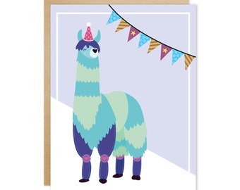 Handmade Blank Greeting Card – Pawty Animal Series (Blue Llama)