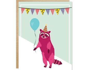 Tarjeta de felicitación en blanco hecha a mano – fiesta animales serie (mapache roja)