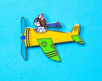 Airplane Pilot White Cat in Yellow Enamel Pin with Rubber Clasp // Hard Enamel, Cloisonne, Accessories, Flair