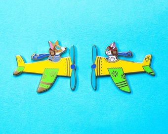 Airplane Pilots Corgi Dog Blue Merle and White Cat in Yellow Enamel Pin with Rubber Clasp // Hard Enamel, Cloisonne, Accessories, Flair