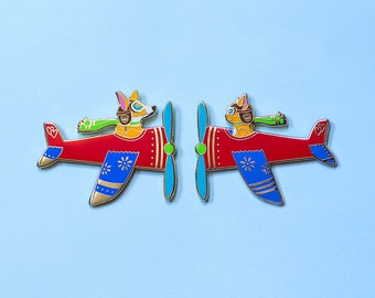 Airplane Pilots Corgi Dog and Orange Tabby Cat in Red Enamel Pin with Rubber Clasp // Hard Enamel, Cloisonne, Accessories, Flair