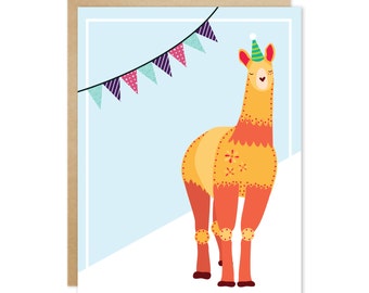 Handmade Blank Greeting Card – Party Animal Series (Orange Llama)