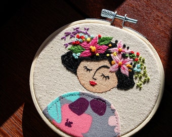 Embroidery portraits, Handmade Embroidery Illustration of a Girl with Pink Flowers