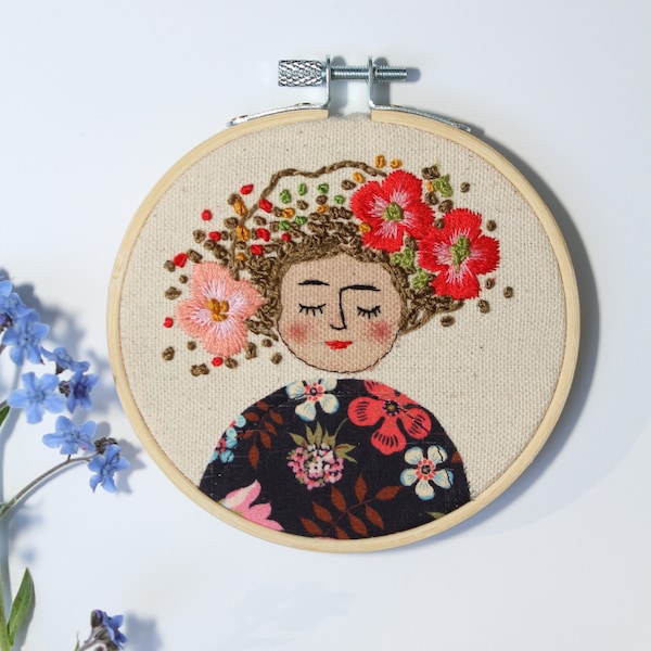 Embroidery Hoop, Handmade Embroidery Illustration of a Lady with Poppies