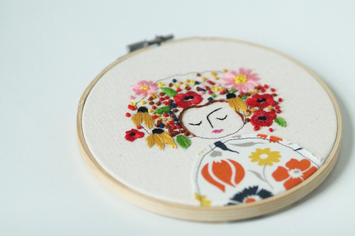 Embroidery Hoop Art Illustration of a Lady with Flowers in Etsy