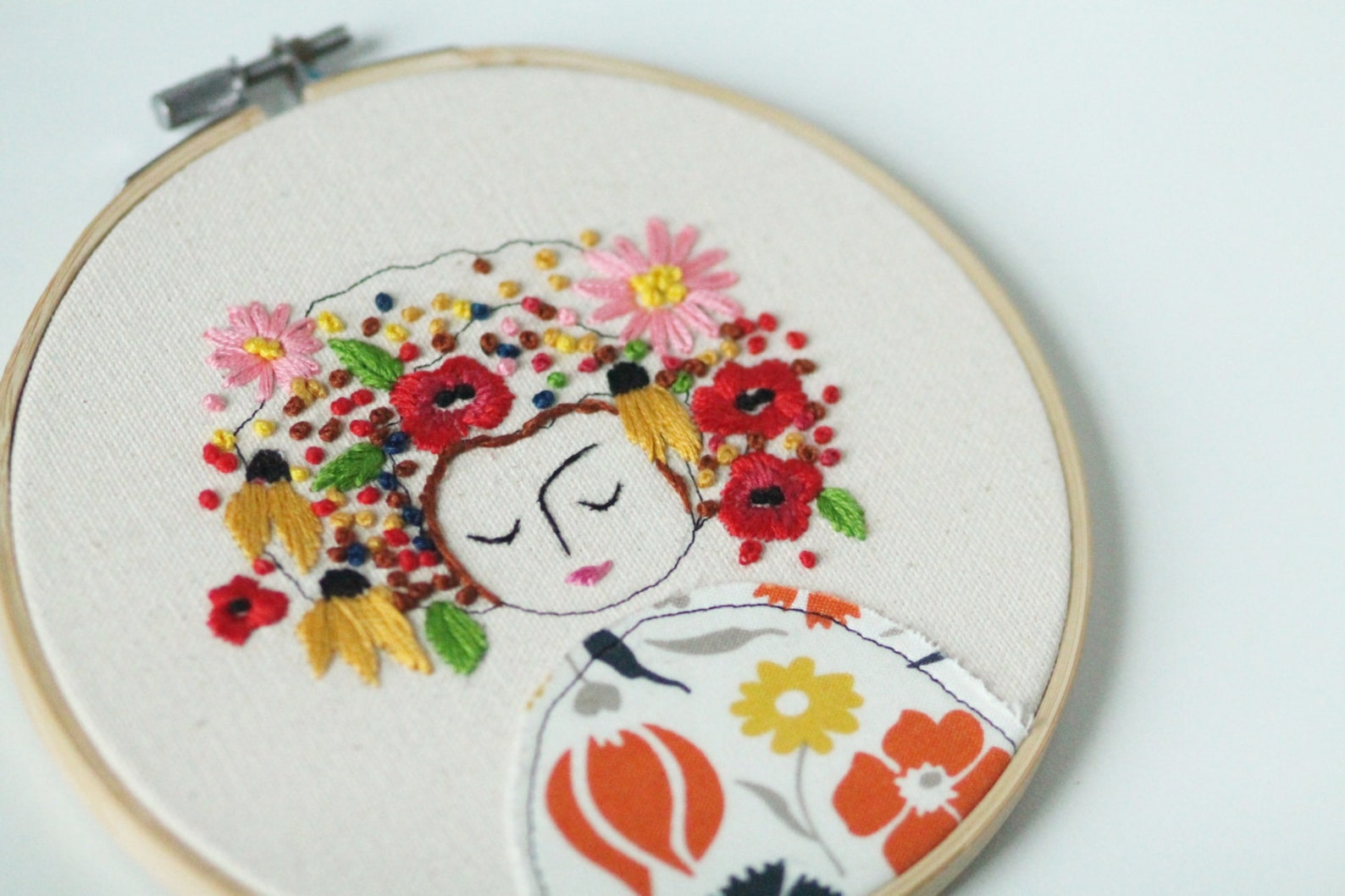Embroidery Hoop Art Illustration of a Lady with Flowers in Etsy