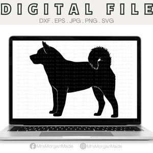 May include: Black silhouette of a Shiba Inu dog standing on a white background. The dog is facing left with its tail curled up.