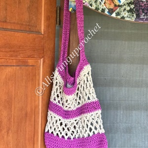 Fuschia Beige Crochet Bag, Project Bag, Wet Bag, Eco Friendly, Recycle Bag, Book Bag, Grocery Tote, Farmers Market Bag, Beach Bag