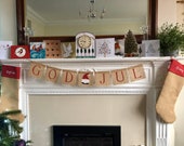Gnome Swedish burlap banner. GOD JUL Nordic burlap garland. Christmas mantelpiece bunting. Xmas banner red decoration.