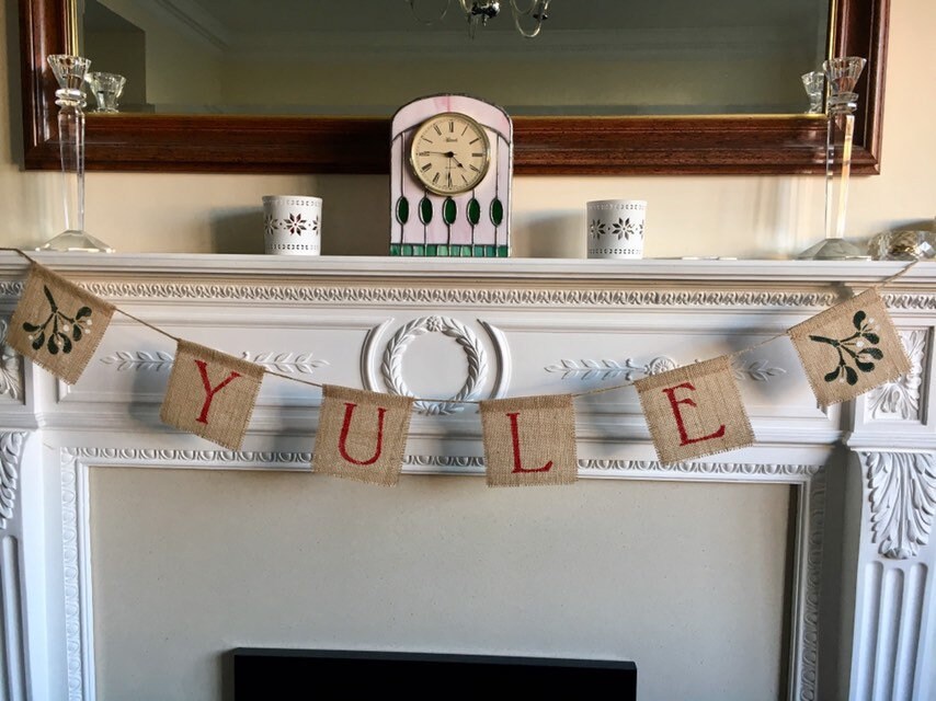 YULE burlap banner. Pagan xmas garland. Mistletoe fireplace sign. Whi…