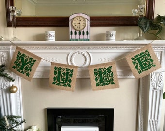 YULE burlap banner. Pagan glitter xmas garland. Fireplace bunting sign. White witch holiday decor.