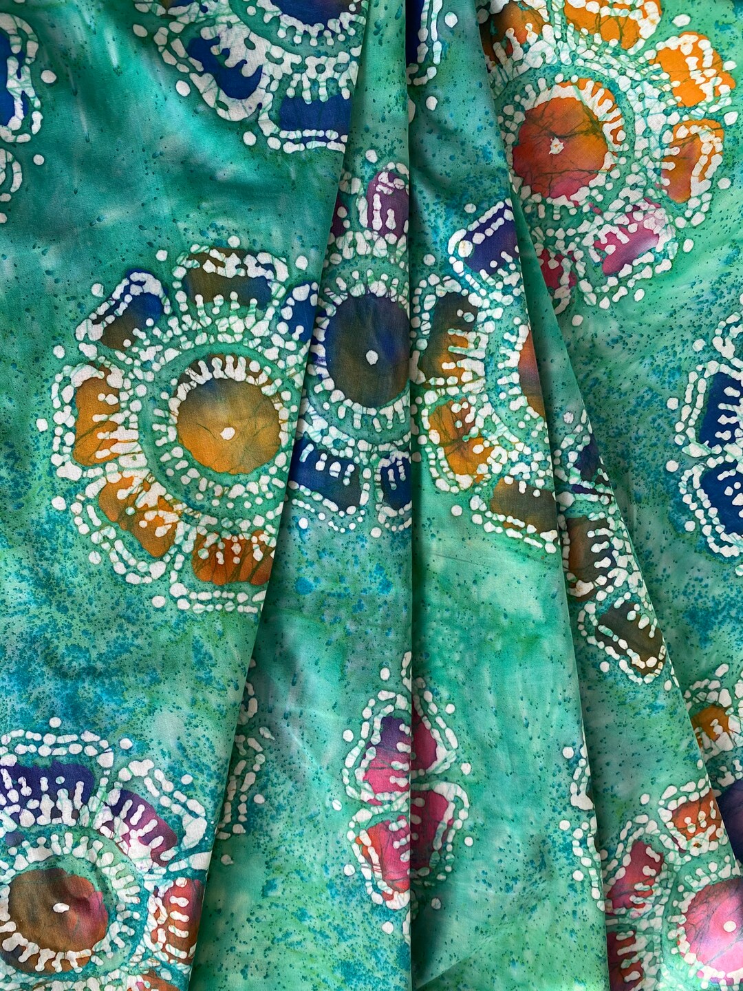 Summer Batik Cotton Dress Fabric. Floral Green Blue Orange Etsy