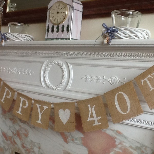 40th banner with heart decoration handmade burlap hessian. Happy  40th garland bunting rustic vintage