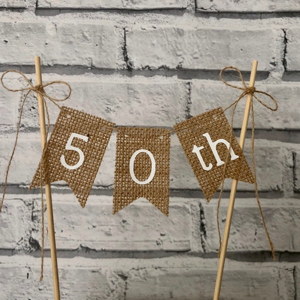 50th burlap birthday cake topper. Fifty birthday barn inspired centrepiece. Fiftieth party decor.