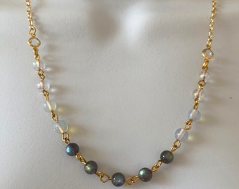 Delicate and Dainty Glowing Magic Necklace With Labradorite, Opalite and Angel Aura Quartz Beads on 24K plated gold chain.