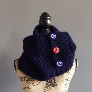 Infinity Navy Blue Neck Warmer, Sailor Decorative Buttons, Unique item, Hand Knit item, Sailor Scarf, Navy Scarf, Navy Neck Warmer, Sea Item