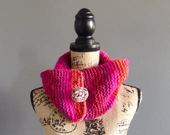 Multi Colored Knitted Infinity Scarf, Pink Knitted Scarf, Pretty in Pink, Winter Neck Warmer, Hand Knit Scarf With Decorative Flower, Unique