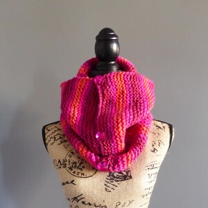 Multi Colored Knitted Large Infinity Scarf, Winter Neck Warmer, Pink Knitted Large Scarf, Hand Knit Scarf With Decorative Pink Buttons, Warm