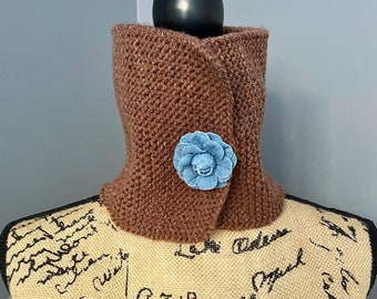 Brown Neck Warmer With A Blue Denim Flower, Hand Knit Neck Warmer, Elegant And Unique Scarf, One Of A Kind Gift, Unique Gift, Brown Scarf,