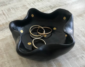 Jewelry Holder / Organic Dish / Black And Gold Dish / Jewelry Dish / Treasure Tray / Wedding Gift / Polka Dot Ring Dish / Chic Desk Dishes