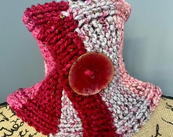 Multicolored Neck Warmer, Variations Of Pink, Pink Knitted Scarf, Hand Knit Neck Warmer, Elegant And Stylish , Raspberry Decorative Button,
