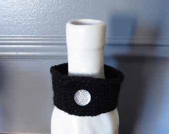 Black Knit Wrist Cuff, Hand Knitted Bracelet With White Button, Chunky Knit Bracelet, Fashion Knitwear, Crafty Creations,Button Jewelry,Gift