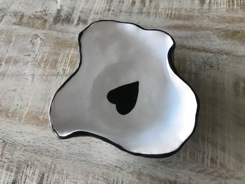 Black And White Jewelry Bowl Treasure Dish With A Heart Classy Dish Pottery Chic Desk Holder Jewelry Holder Black And White Bowl