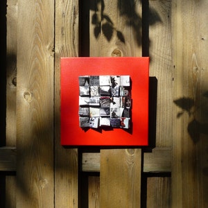 En Noir et Blanc 12 x 12, Red Wall Decor, Black And White Abstract Art, Mixed Media Canvas, Recycled Paper, Original Artwork,Unique Wall Art
