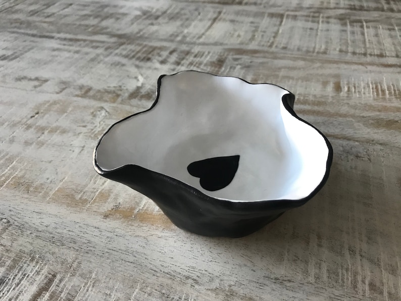 Black And White Jewelry Bowl Treasure Dish With A Heart Classy Dish Pottery Chic Desk Holder Jewelry Holder Black And White Bowl