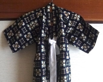 VINTAGE 1970s Kids / Child Kimono Kasuri Motif , Unisex , Dark Blue , White , Green , Brown  Colors , Kimono , Around 3-4 Years , Wool