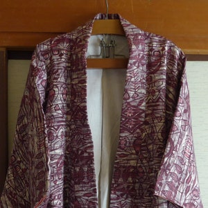 VINTAGE Japanese Kimono 1980s , Purple , White & Pink Colors , Forest Design , Unique Motif , Made in Japan , Nylon Mixed Kimono Long Jacket