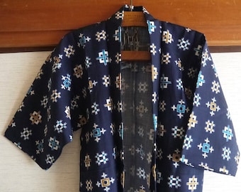 VINTAGE 1970s Kids / Child Kimono Kasuri Motif , Unisex , Dark Blue , White , Brown , Blue  Colors , Kimono , Around 6-8 Years , Wool