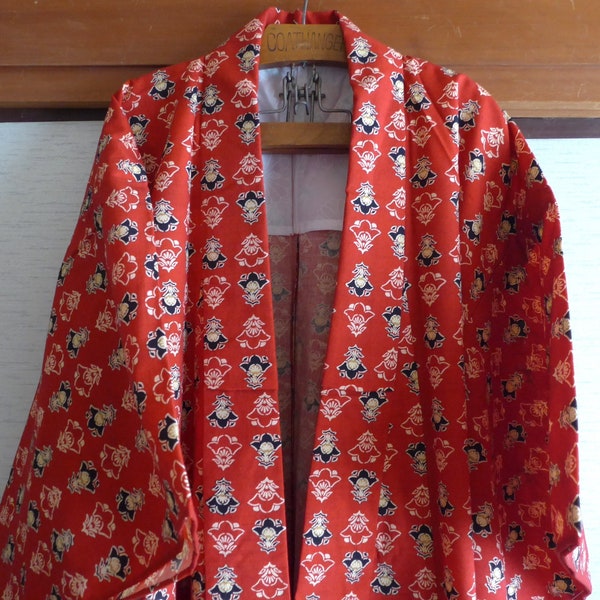 Vintage Kimono Japonais années 1980 , Rouge , Blanc et Noir Couleurs , Design floral / Motif Kimono , Fabriqué au Japon , Laine , Coton Kimono Mixte