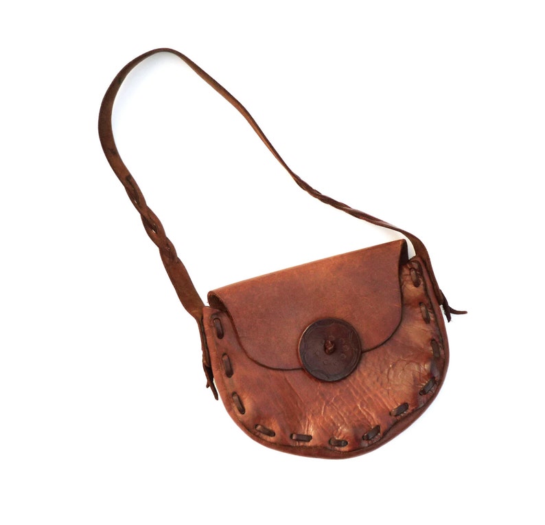Boho Leather Bag Medium Size Thick and Sturdy Lovely Brown Tooled Leather Shoulder Purse Bag VINTAGE 1970/'s