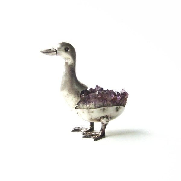 FRENCH VINTAGE 1970's , Pretty Amethyst Crystal Clustor with Metal Duck Holder , Natural Purple Stone / Rock , Collector Stone , Home Decor