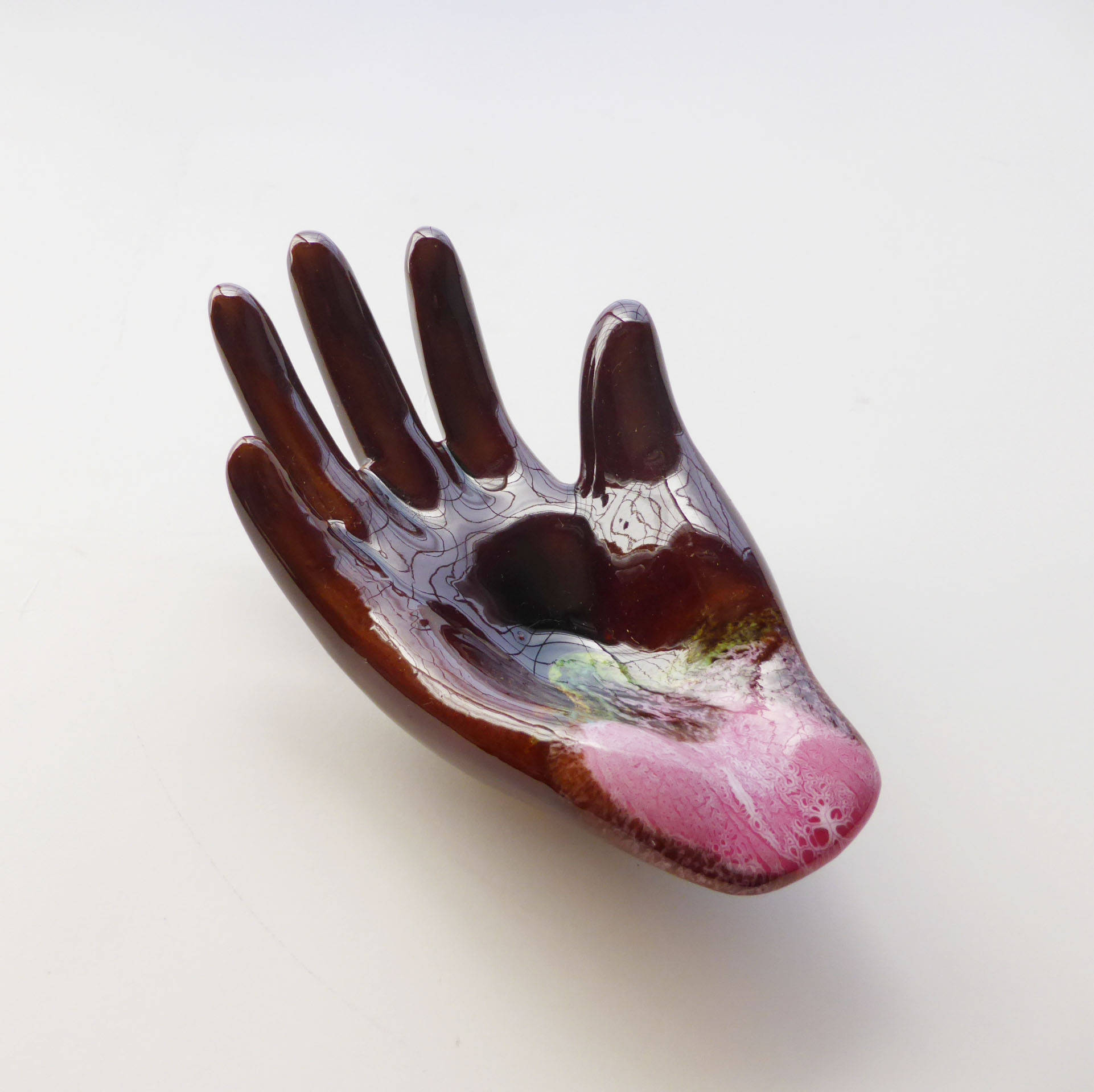 French Vintage 1950's Brown Ceramic Hand Jewelry Tray/Holder With Pink Gradation Design , Soap Trink