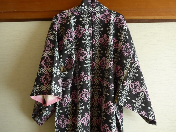 Vintage 80s 90s Black Green Blue Graphic Print Komon Cotton Kimono 16 18 L