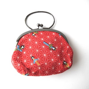 VINTAGE Coin Purse with a Metal Snap Frame , Small Bag / Purse , Red Color , Small Purse with Lovely Japanese Kokeshi Motif , Cute Design