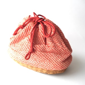 VINTAGE Small Rattan / Wicker Basket Bag  / Drawstring Purse , Red & White Colors , Made in Japan , Rectangle , Shibori Motif , Chirimen